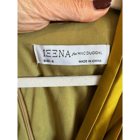 Mac Duggal Pleated Midi Dress Chartreuse Belted V Neck Size 6 NWT - Picture 5 of 13